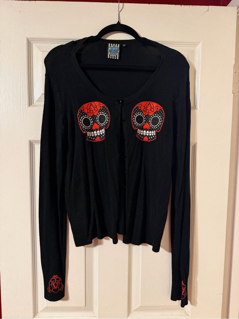 Too Fast Black Cardigan with Red Skull Appliqués